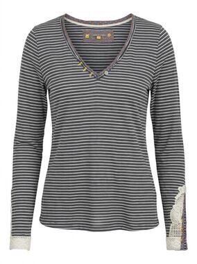 Little Yellow Button Gray Striped Lace V-Neck T-Shirt Women Size S
